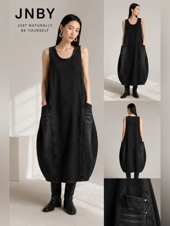 Jnby Dresses & Skirts - JNBY Denim Sleeveless Dress XL Black Cotton Linen Cocoon Midi Lagenlook